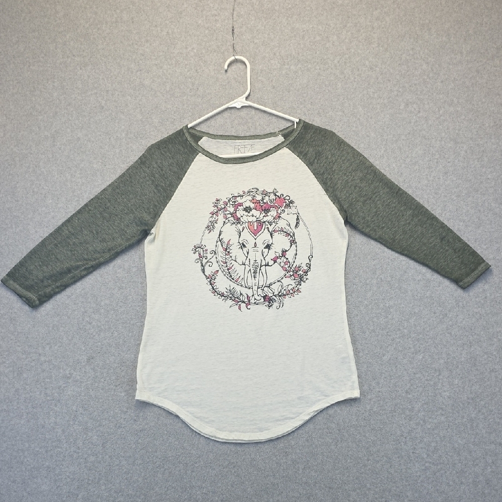 Freeze Elephant Graphic Raglan Tee Womens Medium 3/4 Sleeve Boho Top
